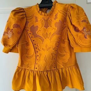 Express Mustard Lace Puff Sleeve Blouse